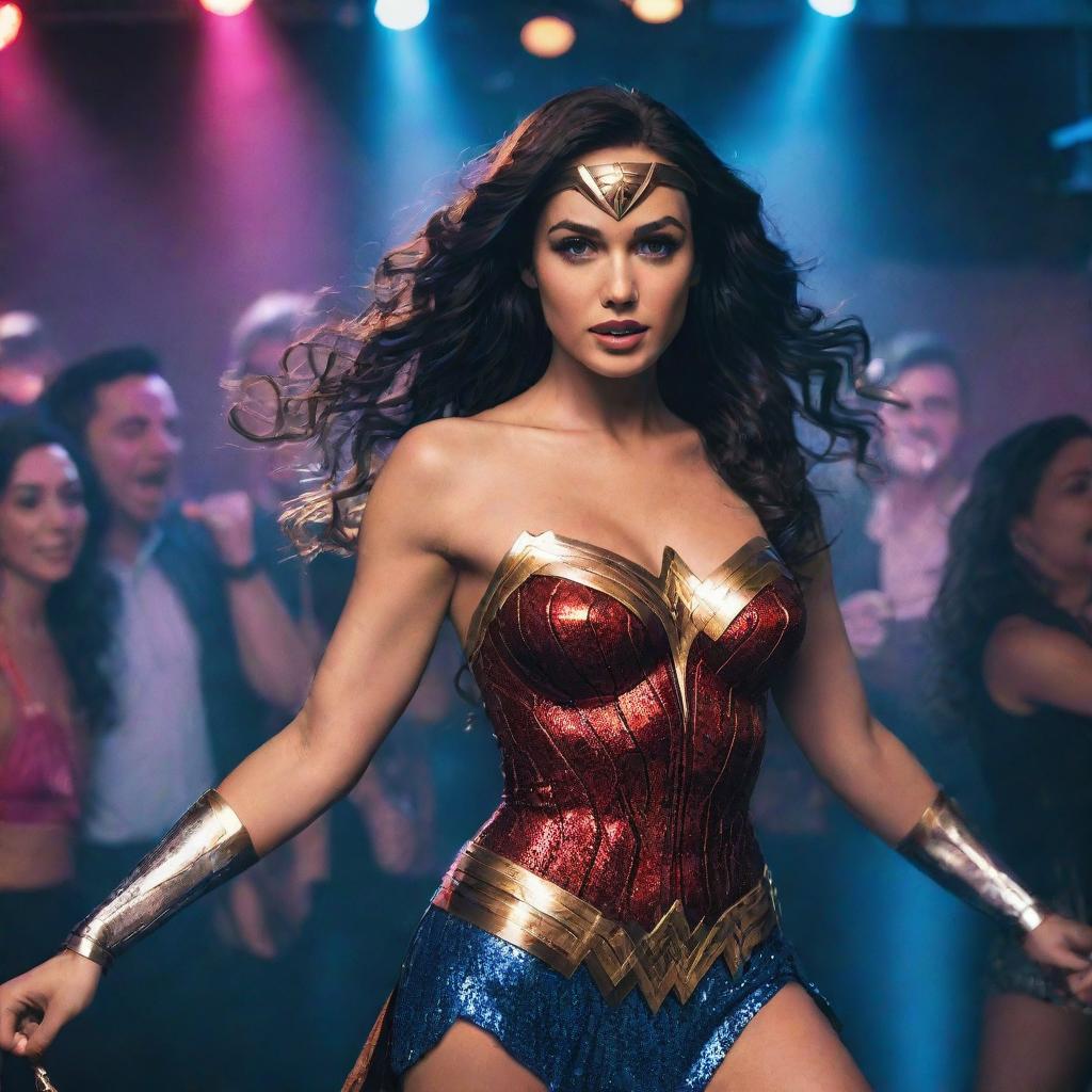 Wonder Woman in her iconic outfit, sparkling from disco lights, mingling and dancing in a bustling, modern nightclub.