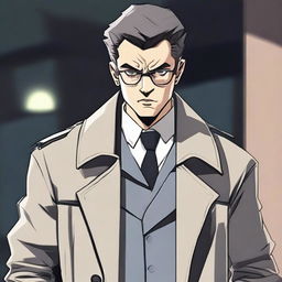 An angry young man wearing a gray trench coat, white gloves, a cross necklace, and big round reading glasses