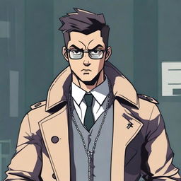 An angry young man wearing a gray trench coat, white gloves, a cross necklace, and big round reading glasses