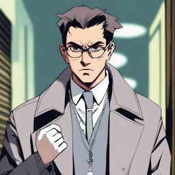 An angry young man wearing a gray trench coat, white gloves, a cross necklace, and big round reading glasses