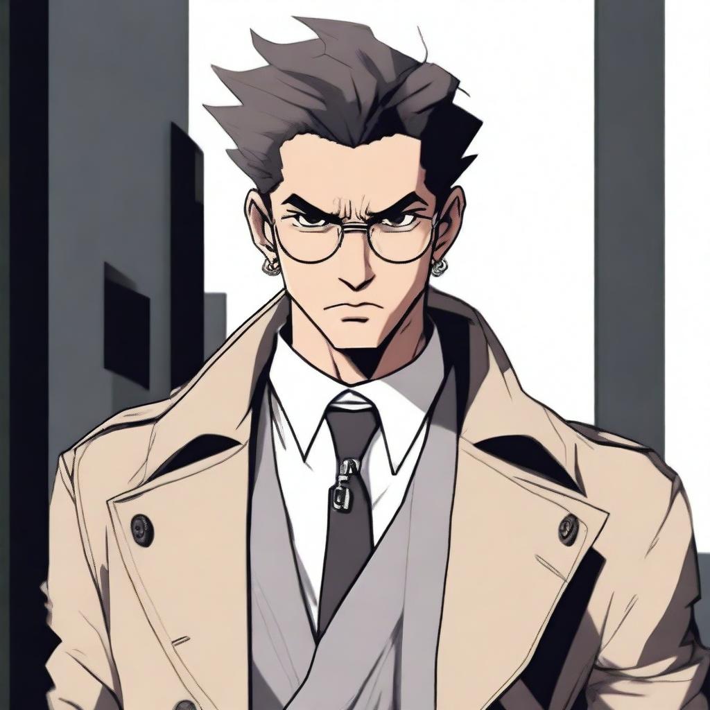 An angry young man wearing a gray trench coat, white gloves, a cross necklace, and big round reading glasses