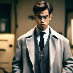 An angry young man wearing a gray trench coat, white gloves, a cross necklace, and big round reading glasses