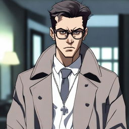 An angry young man wearing a gray trench coat, white gloves, a cross necklace, and big round reading glasses