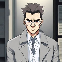 An angry young man wearing a gray trench coat, white gloves, a cross necklace, and big round reading glasses