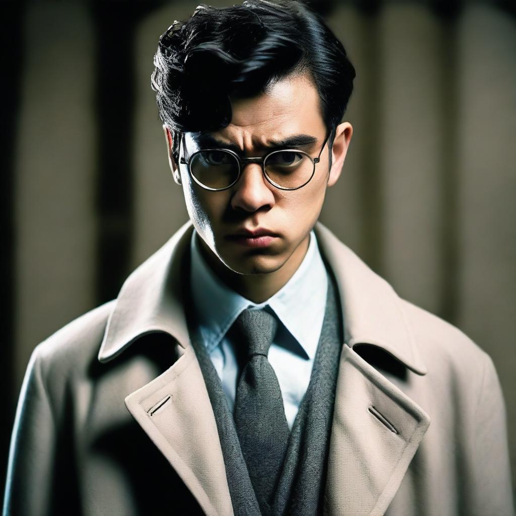 An angry young man wearing a gray trench coat, white gloves, a cross necklace, and big round reading glasses