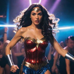 Wonder Woman in her iconic outfit, sparkling from disco lights, mingling and dancing in a bustling, modern nightclub.