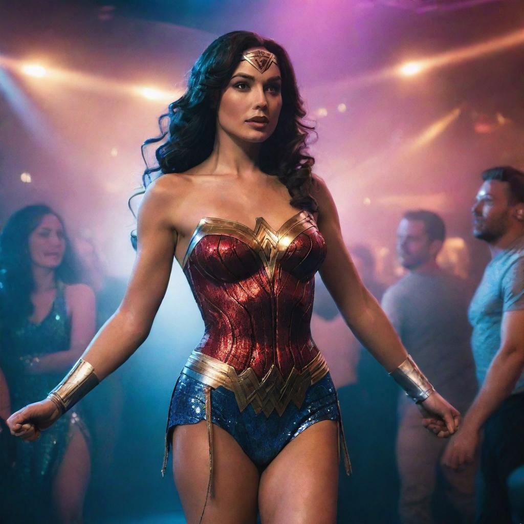 Wonder Woman in her iconic outfit, sparkling from disco lights, mingling and dancing in a bustling, modern nightclub.