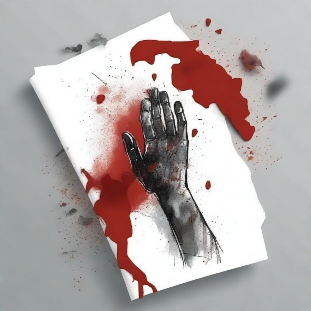 Create a detailed book cover sketch featuring a hand holding a broken glass shard, with blood dripping from the hand and shards scattering around