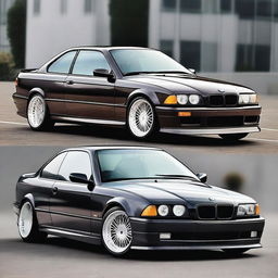 A BMW E36 coupe designed in the GT style, featuring side mirrors similar to the BMW E30 aero style with straight lines