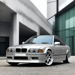 A BMW E36 coupe designed in the GT style, featuring side mirrors similar to the BMW E30 aero style with straight lines