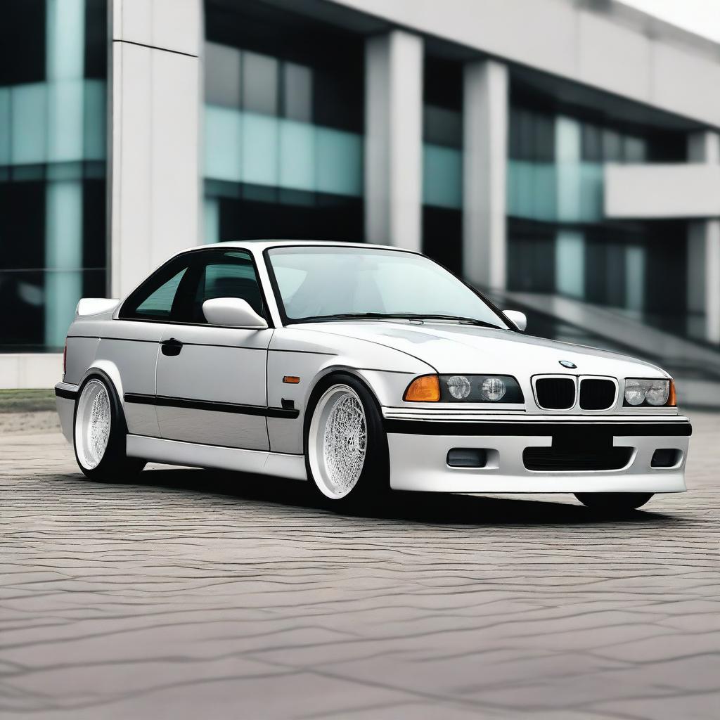 A BMW E36 coupe designed in the GT style, featuring side mirrors similar to the BMW E30 aero style with straight lines