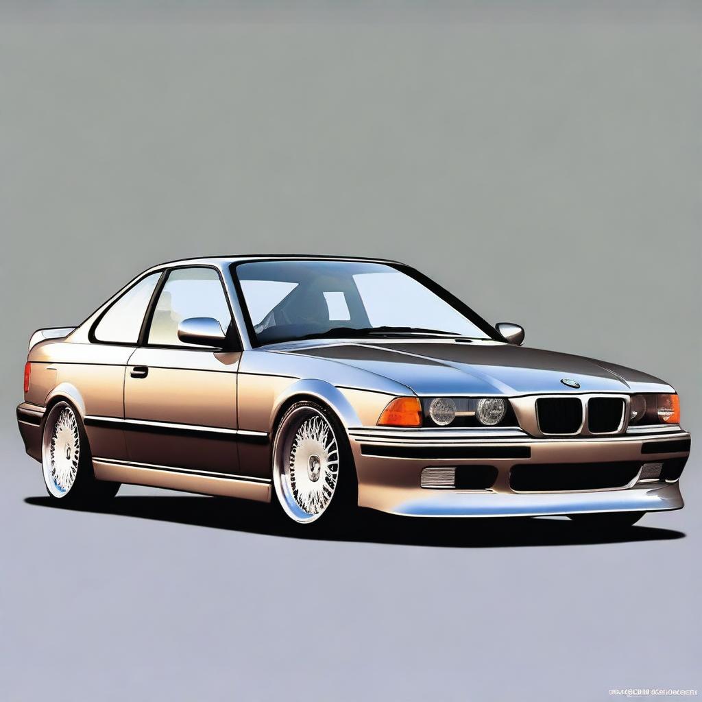 A BMW E36 coupe designed in the GT style, featuring side mirrors similar to the BMW E30 aero style with straight lines