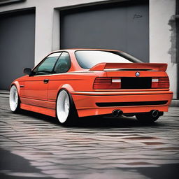 A BMW E36 coupe designed in the GT style, featuring side mirrors similar to the BMW E30 aero style with straight lines