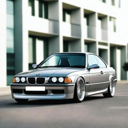 A BMW E36 coupe designed in the GT style, featuring side mirrors similar to the BMW E30 aero style with straight lines