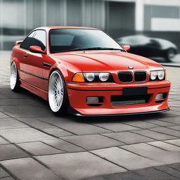 A BMW E36 coupe designed in the GT style, featuring side mirrors similar to the BMW E30 aero style with straight lines