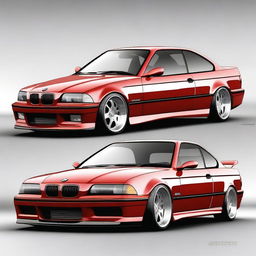 A BMW E36 coupe designed in the GT style, featuring side mirrors similar to the BMW E30 aero style with straight lines