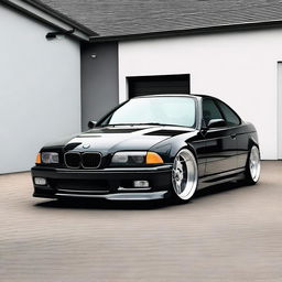 A BMW E36 coupe designed in the GT style, featuring side mirrors similar to the BMW E30 aero style with straight lines