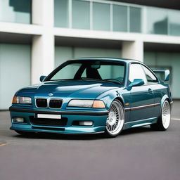 A BMW E36 coupe designed in the GT style, featuring side mirrors similar to the BMW E30 aero style with straight lines