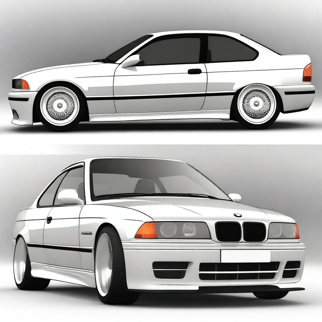 A BMW E36 coupe designed in the GT style, featuring side mirrors similar to the BMW E30 aero style with straight lines