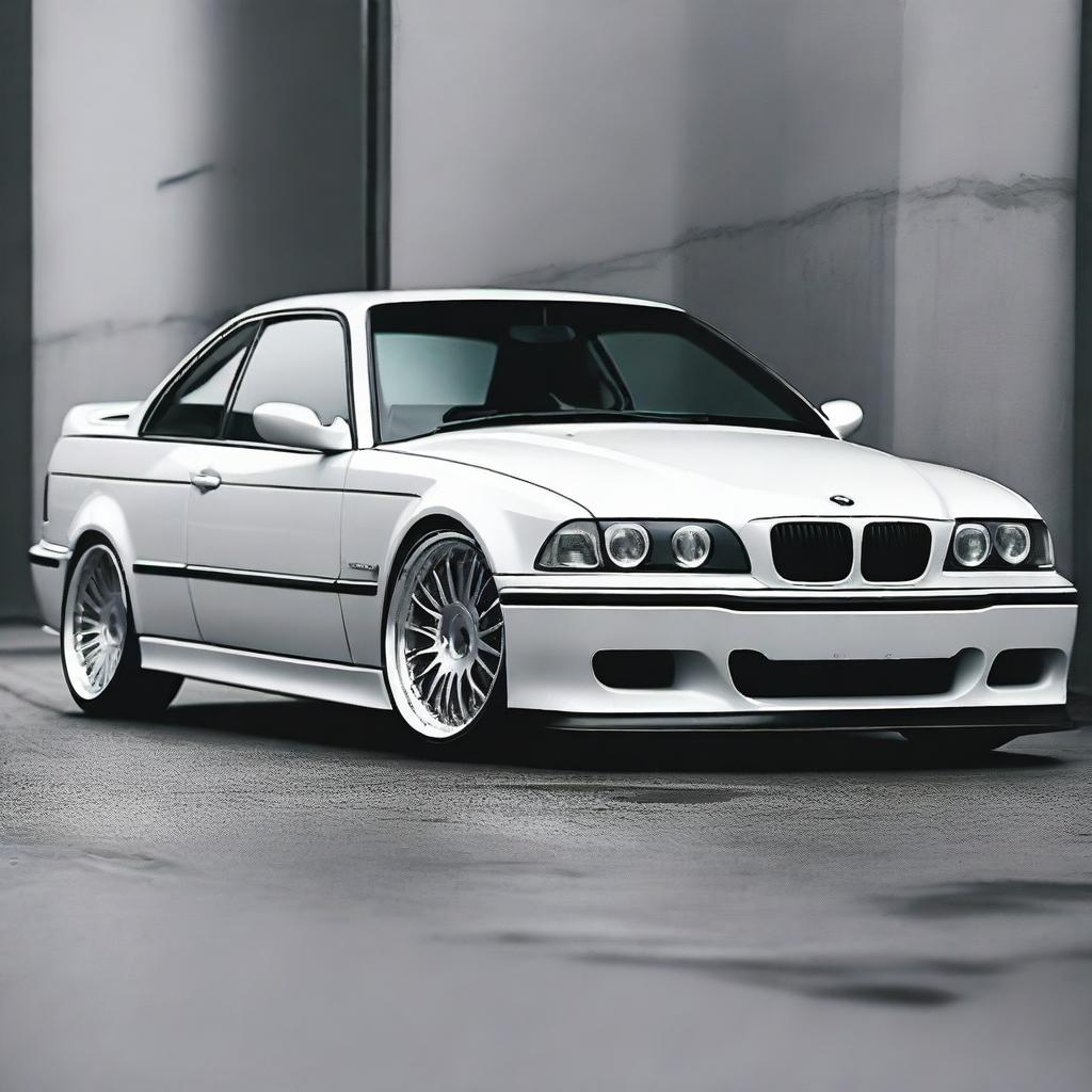 A BMW E36 coupe designed in the GT style, featuring side mirrors similar to the BMW E30 aero style with straight lines