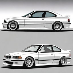 A BMW E36 coupe designed in the GT style, featuring side mirrors similar to the BMW E30 aero style with straight lines