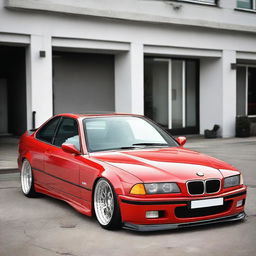 A BMW E36 coupe designed in the GT style, featuring side mirrors similar to the BMW E30 aero style with straight lines