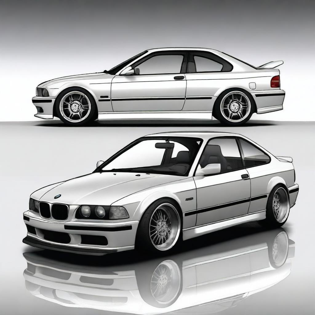 A BMW E36 coupe designed in the GT style, featuring side mirrors similar to the BMW E30 aero style with straight lines