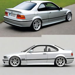 A BMW E36 coupe designed in the GT style, featuring side mirrors similar to the BMW E30 aero style with straight lines