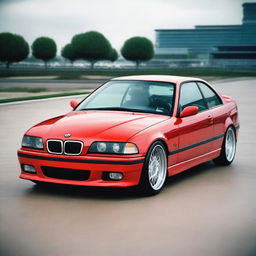 A BMW E36 coupe designed in the GT style, featuring side mirrors similar to the BMW E30 aero style with straight lines