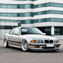 A BMW E36 coupe designed in the GT style, featuring side mirrors similar to the BMW E30 aero style with straight lines