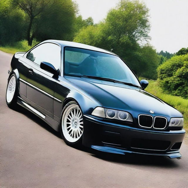 A BMW E36 coupe designed in the GT style, featuring side mirrors similar to the BMW E30 aero style with straight lines