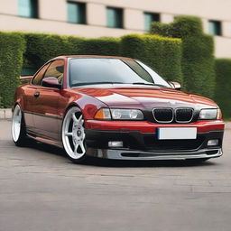 A BMW E36 coupe designed in the GT style, featuring side mirrors similar to the BMW E30 aero style with straight lines