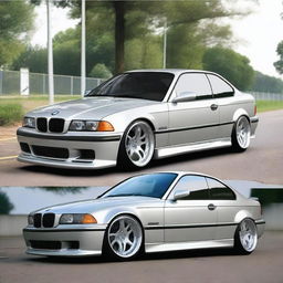 A BMW E36 coupe designed in the GT style, featuring side mirrors similar to the BMW E30 aero style with straight lines