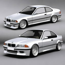 A BMW E36 coupe designed in the GT style, featuring side mirrors similar to the BMW E30 aero style with straight lines