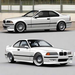 A BMW E36 coupe designed in the GT style, featuring side mirrors similar to the BMW E30 aero style with straight lines