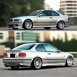 A BMW E36 coupe designed in the GT style, featuring side mirrors similar to the BMW E30 aero style with straight lines