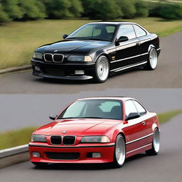 A BMW E36 coupe designed in the GT style, featuring side mirrors similar to the BMW E30 aero style with straight lines