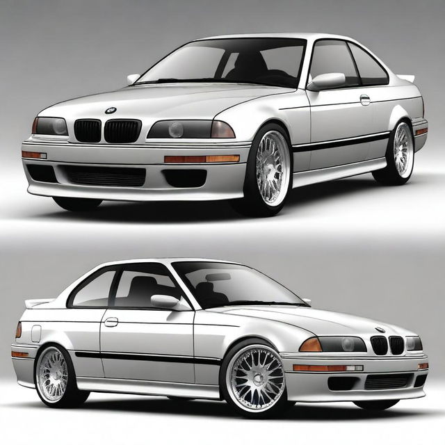 A BMW E36 coupe designed in the GT style, featuring side mirrors similar to the BMW E30 aero style with straight lines