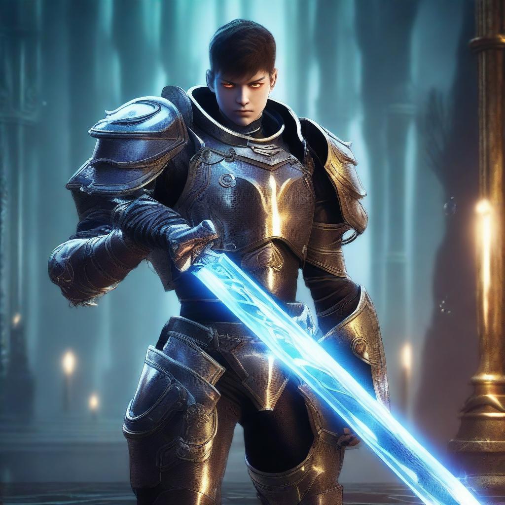 A stern-faced young man in futuristic armor, holding a glowing sword