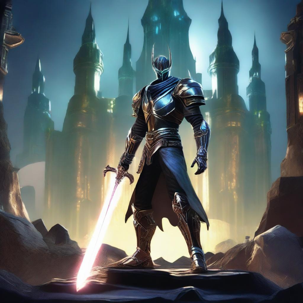 A stern-faced young man in futuristic armor, holding a glowing sword