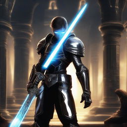 A stern-faced young man in futuristic armor, holding a glowing sword