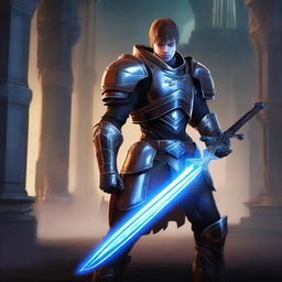 A stern-faced young man in futuristic armor, holding a glowing sword