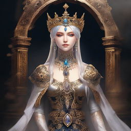 Create an artwork featuring Queen Marika from Elden Ring, capturing her regal and ethereal presence