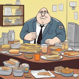 A detailed scene showing a prison warden who is overly obsessed with food