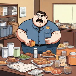 A detailed scene showing a prison warden who is overly obsessed with food