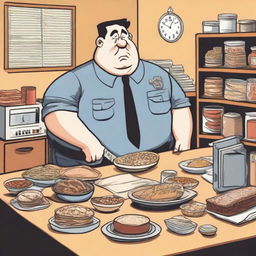 A detailed scene showing a prison warden who is overly obsessed with food