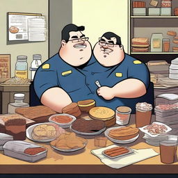 A detailed scene showing a prison warden who is overly obsessed with food