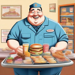 A prison warden, who is chubby and has an obsession with food, is depicted in a comical and light-hearted manner