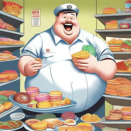 A prison warden, who is chubby and has an obsession with food, is depicted in a comical and light-hearted manner