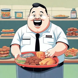 A prison warden, who is chubby and has an obsession with food, is depicted in a comical and light-hearted manner